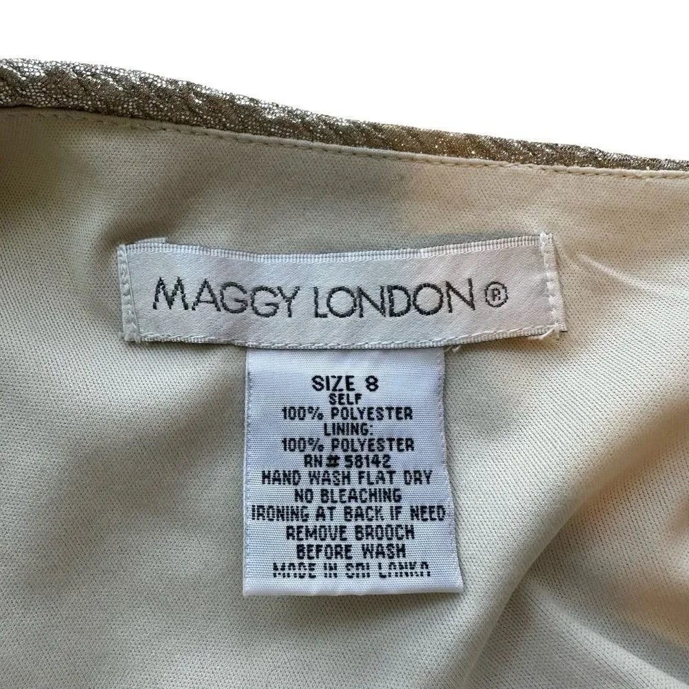 MAGGY LONDON One Shoulder Gold Champagne Shiny Stretch Mini Dress Size 8
